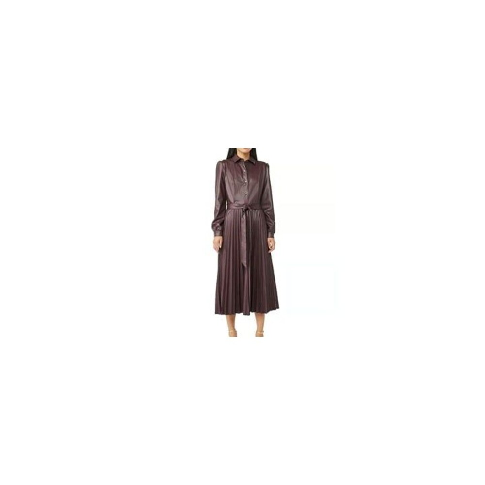 Scoop Womens Small Brown Faux Leather Pleated Midi Shirt Dress Accordion Preppy